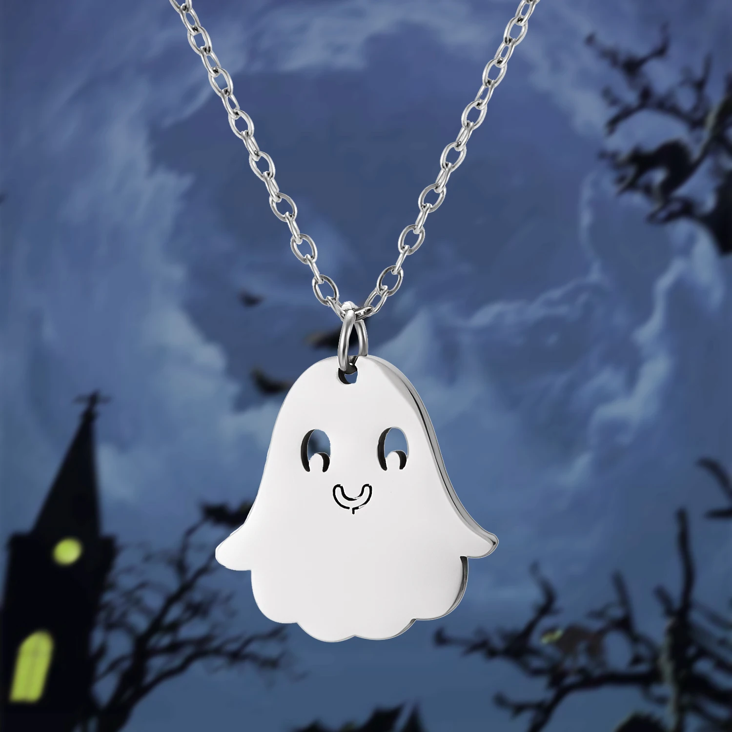 Mode Edelstahl Halloween Anhänger Halskette für Frauen Männer schwarze Katze Geist Spinne Kürbis Halskette Freundschaft Schmuck Geschenk – Detail 20