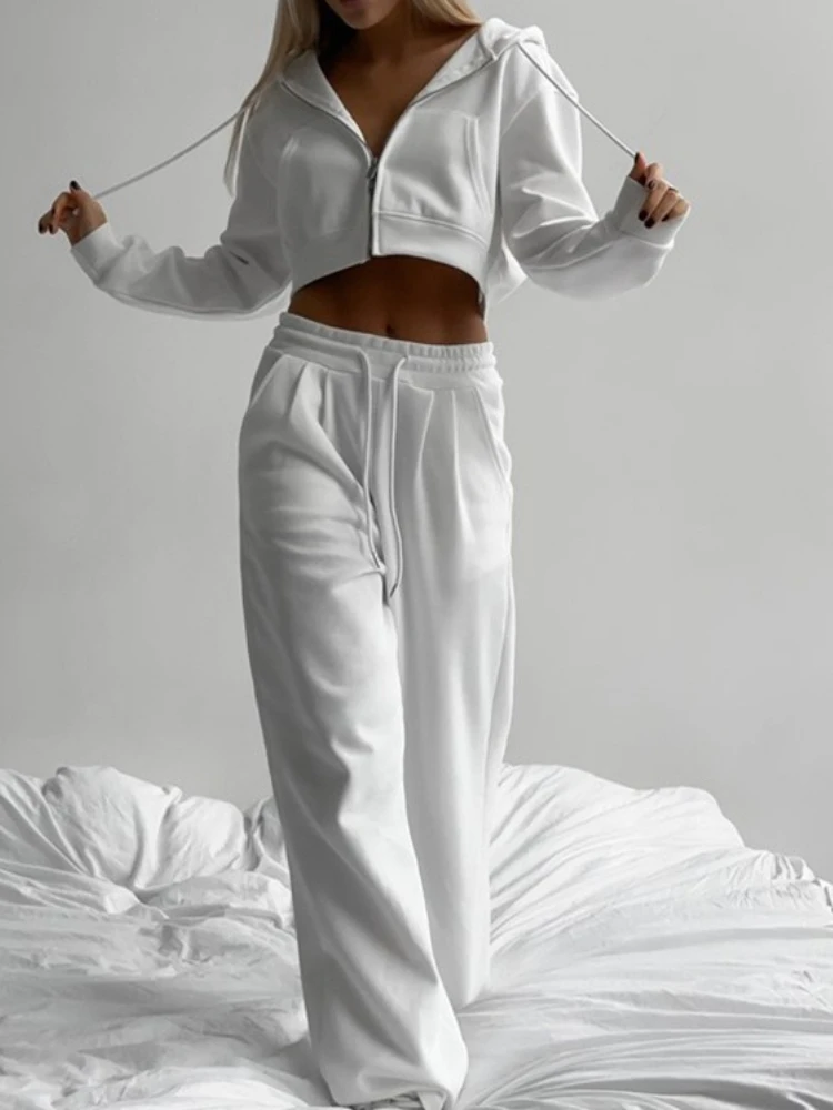 

Spring New Women's Casual Suit Solid Color Short Waisted Hooded Cardigan Jacket Sports Lace-up Pocket Pants Female Two Piece Set