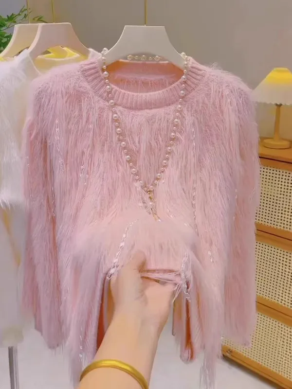 

Розовый милый мягкий вязаный свитер с кисточками, женский свободный свитер с имитацией меха, мягкий уютный осенне-зимний Новое поступление