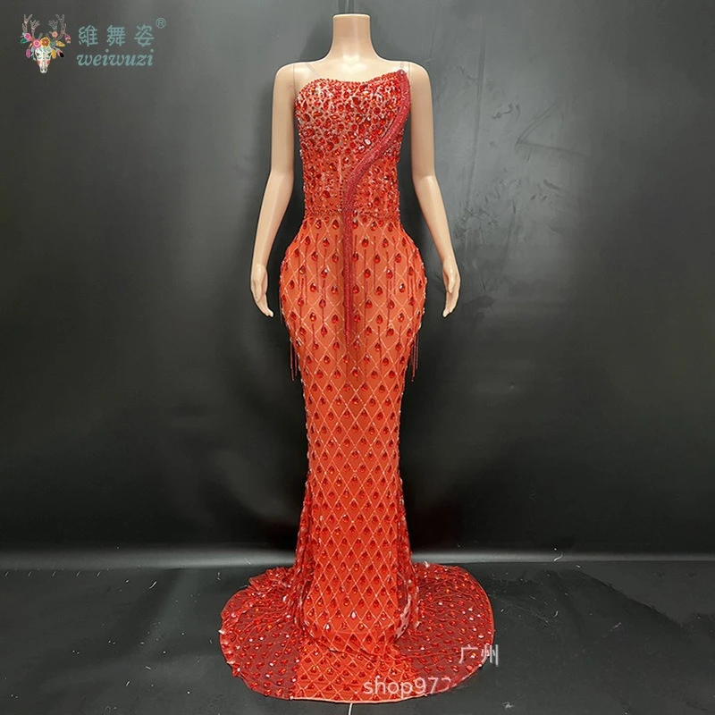 Charmoso e sexy espumante diamante estilingue sem costas longo festa vestido de noite personalizar luxo frisado cauda de peixe vestido de casamento