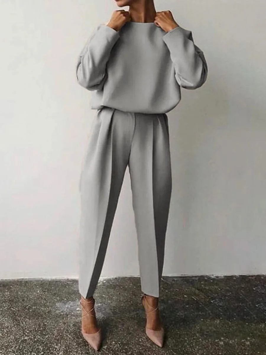 Casual Solid Suit For Women Elegant Round Neck Long Sleeved Loose Top Nine Point Pants Two Piece Set 2024 Autumn Fashion New