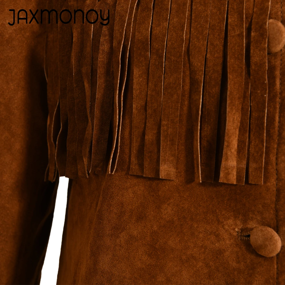 Jaxmonoy-Jaqueta de camurça verdadeira para mulheres, borlas marrons vintage, casaco de couro genuíno para senhoras, moda outono, streetwear, primavera