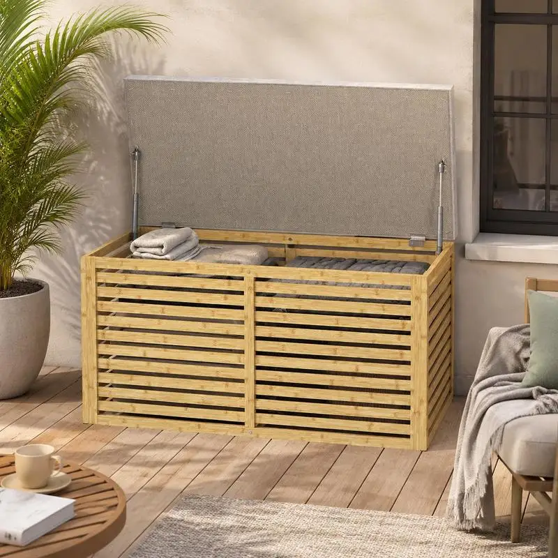 Banc de rangement multifonction confortable, banquette de rangement extérieure rembourrée en tissu aspect lin épais, structure en bambou robuste et solide, grand espace de rangement, gris et naturel, adapté au salon, à l'entrée, à la chambre, au balcon, au jardin et à la terrasse extérieure