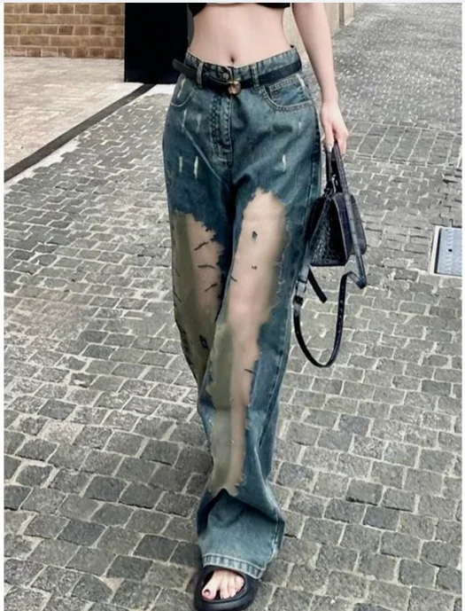 Y2k Cut-out Gradient Woman's Denim Pants Mesh Patchwork Low Rise Jeans for Women Baggy Wide Leg Dragging Vintage Denim Trousers