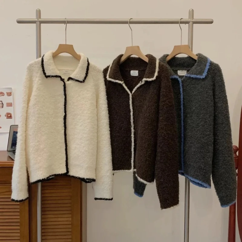 

NEW Chic Autumn/Winter Korean Loose Cardigan Sweater Women Retro Knitted Jacket Vintage Color Lapel Style Casual Clothing