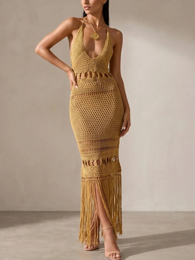 

Sexy Women Knit Beach Dress Hollow-Out V-Neck Sleeveless Bikini Cover-Ups Dress Holiday Dress 2026 Summer Swimwear Beach