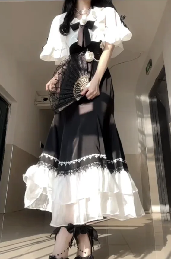 Fishtail saia com xale, branco, preto, xale