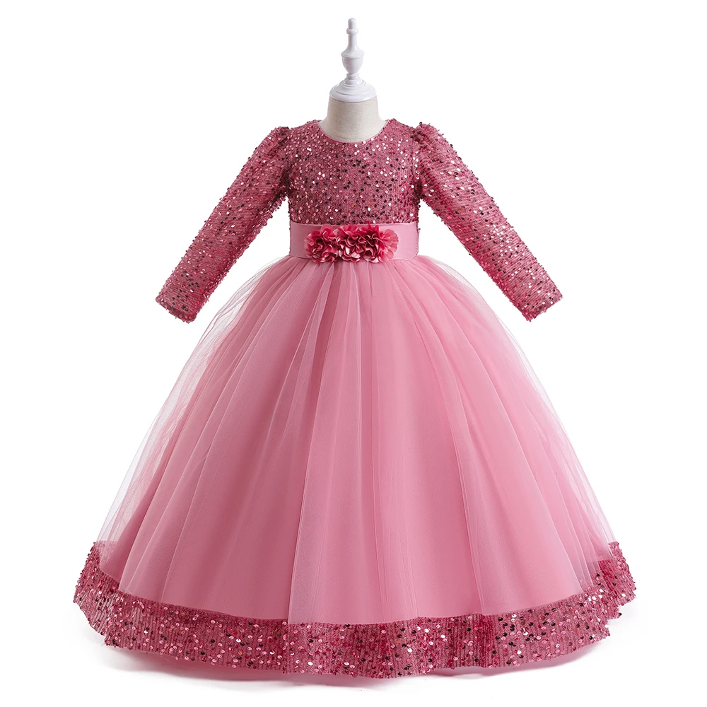 2024 Sequin Christmas Kids Party Dresses For Girls Bridemaid Costume Flower Long Sleeve Prom Princess Dress Wedding Evening Gown