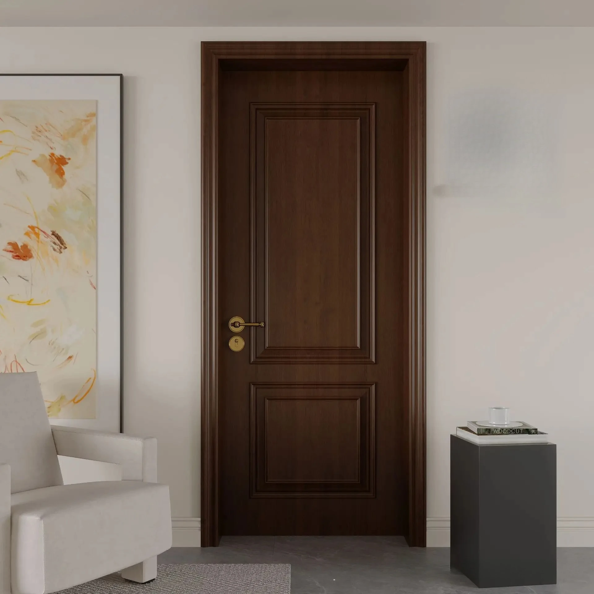 

Mofan French retro medieval style bedroom room solid wood door interior paint walnut glass swing door