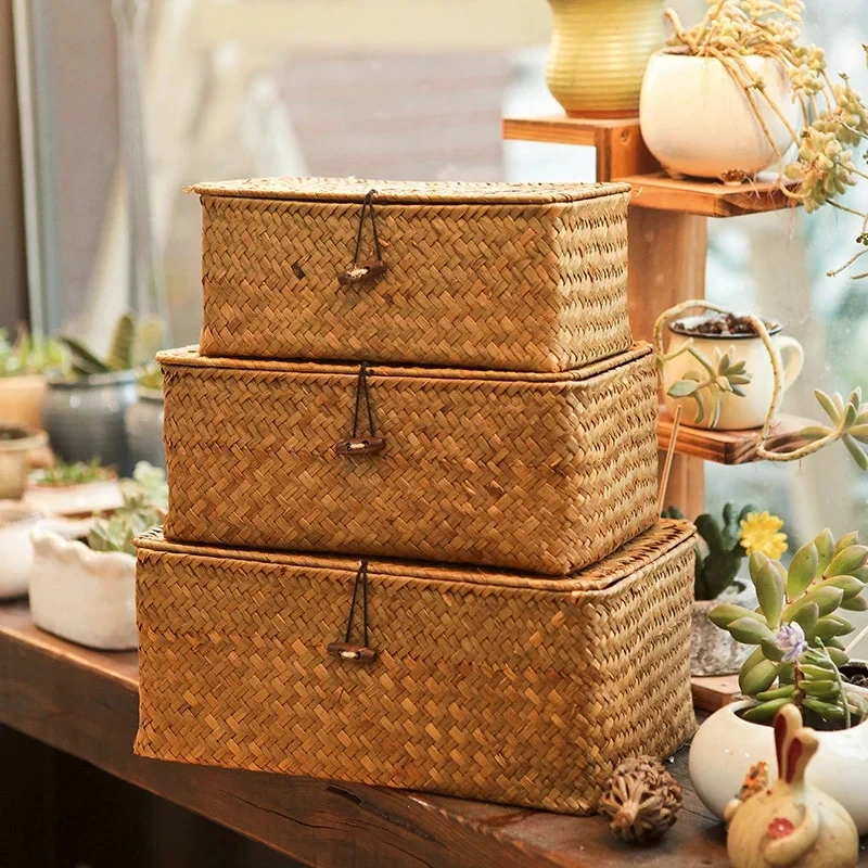 Shelf Baskets with Lid Set of 3 Handwoven Seagrass Storage Box Wicker Basket Desktop Makeup Organizer Multipurpose Container