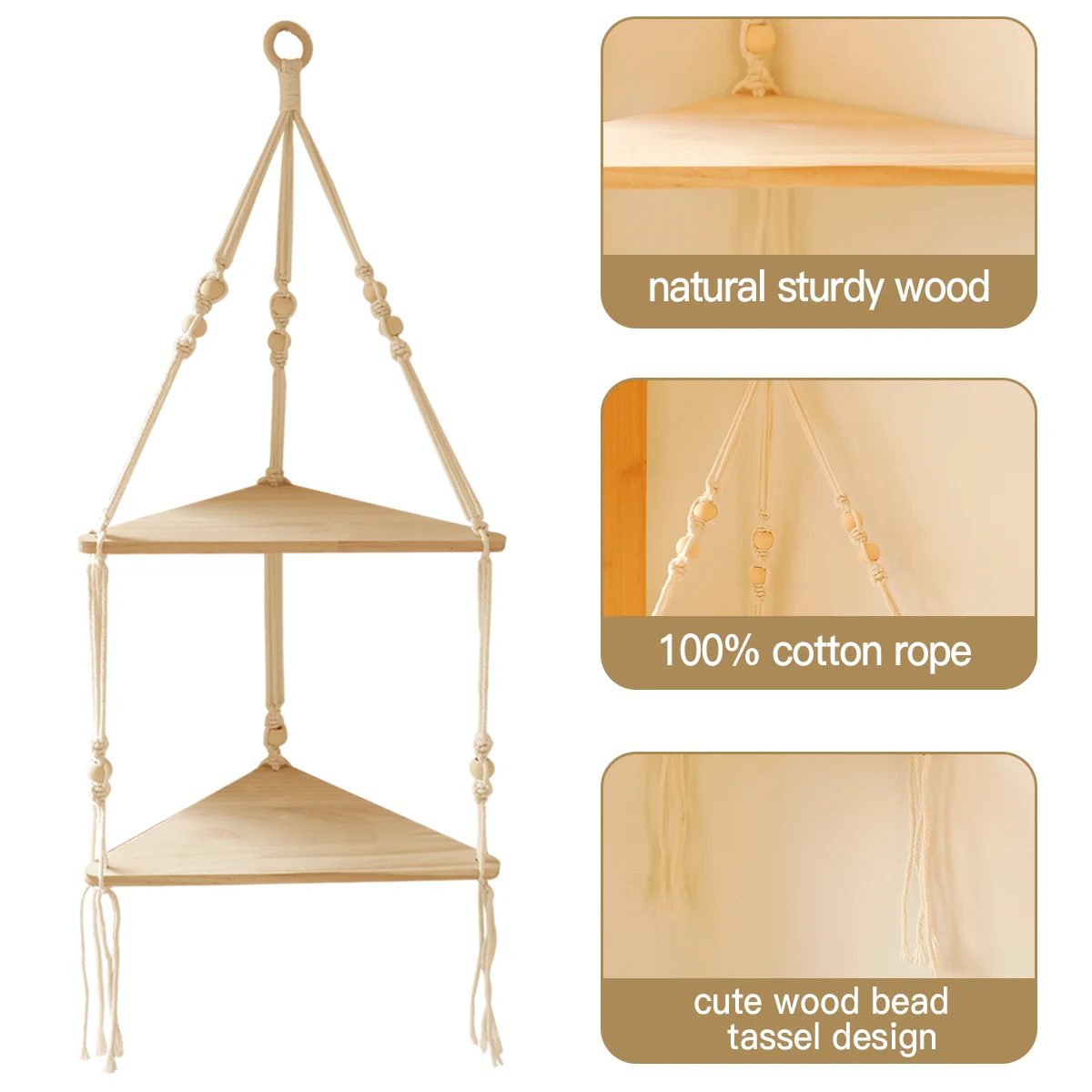Triangle Floating Wall Shelf 1/2/3-Tier Wooden Wall Shelves Hanging Corner Display Stand with Wood Bead Boho Rustic Home Decor