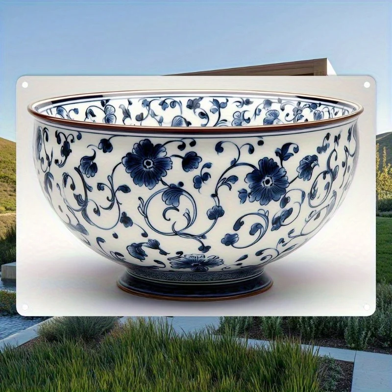 Arte de pared de cuenco de porcelana azul y blanca vintage - Decoración de hierro con diseño floral para el hogar, la oficina, el aula y los restaurantes
