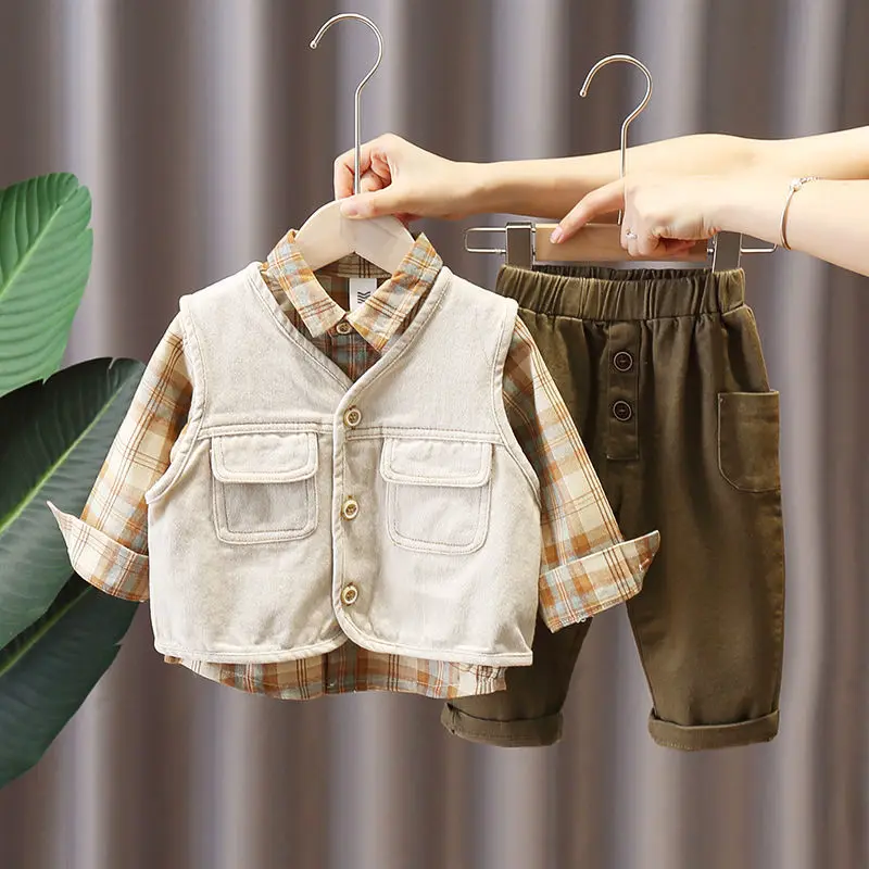 

Baby Boys' Autumn Clothing Set Spring and Autumn 2024 New Children's Cowboy Vest Shirt Pants Handsome Three piece Set