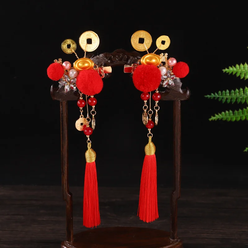 Bracelet Hand String New Year's Treasure National Style Red Hair Ball Tassel Hairpin Cute Children's New Year Hairpin Festive