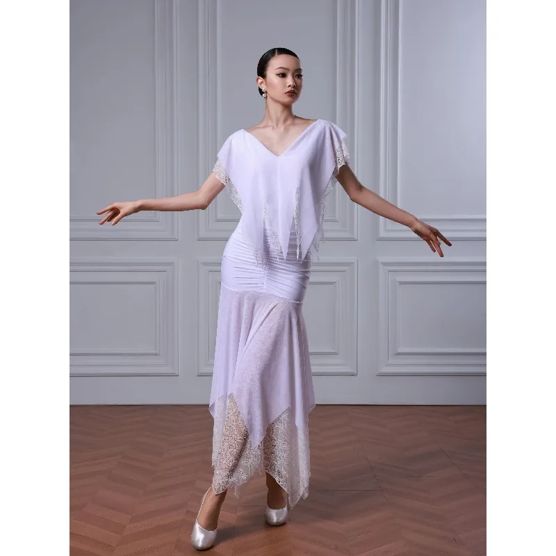 Customized TID Modern Dance Dress Waltz Skirt White Floating Yarn Standard Ballroom Dresses for Women Top and Skirt