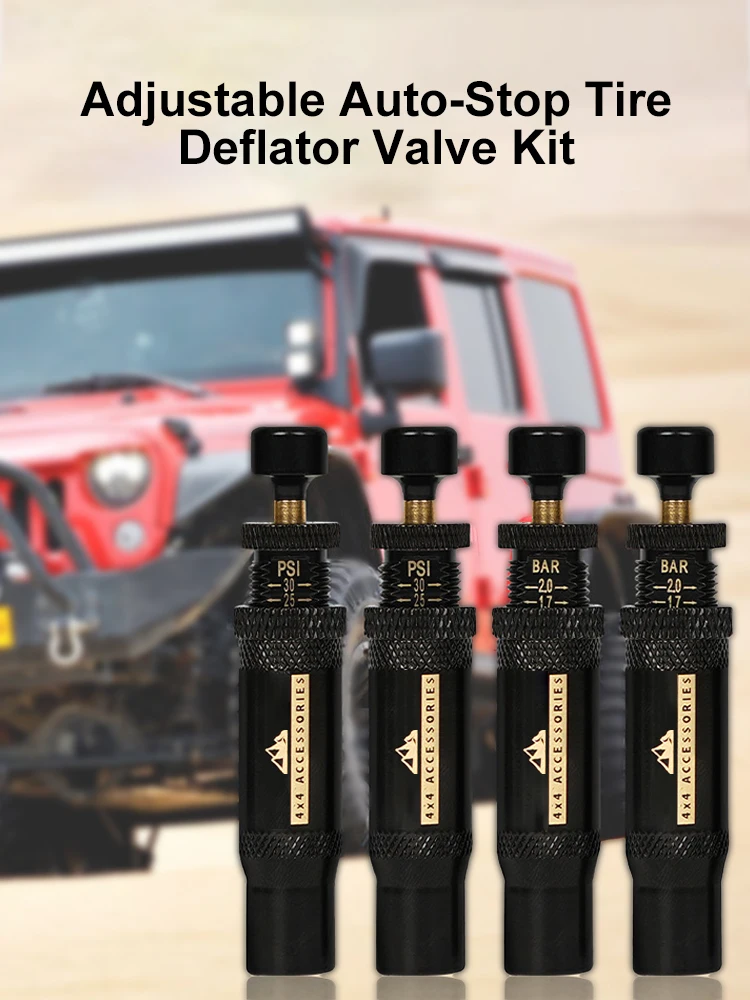 

Adjustable Auto-Stop Tire Deflator Valve Kit (10-30 PSI) 4 PCS Screw-on Tyre Air Down Tool for Vehicles Motorcycle Offroad 4x4