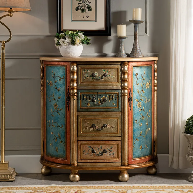 

American rural retro solid wood painted foyer semicircular entrance multi-functional storage chest