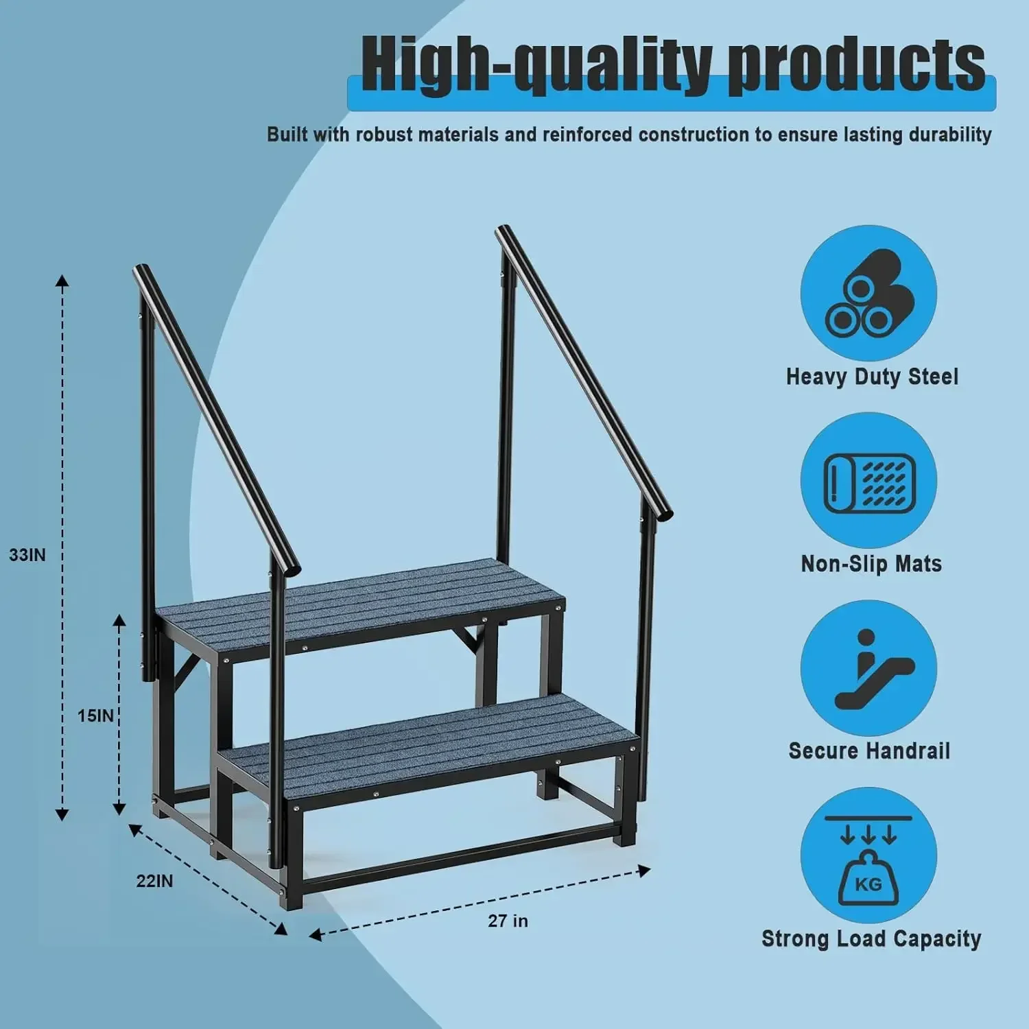 RV Steps with 2 Handrail, 2-Step Heavy Duty Hot Tub Steps, Non-Slip Outdoor Spa Steps for RV, Camper, Trailer, Mobile Home, Porc