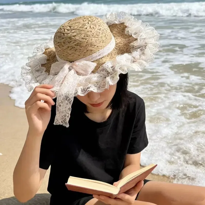 2026 New Lace Sweet Sunshade Hat for Beach Vacation, Women's Straw Hat for Travel, Sunscreen, High Beauty Hat