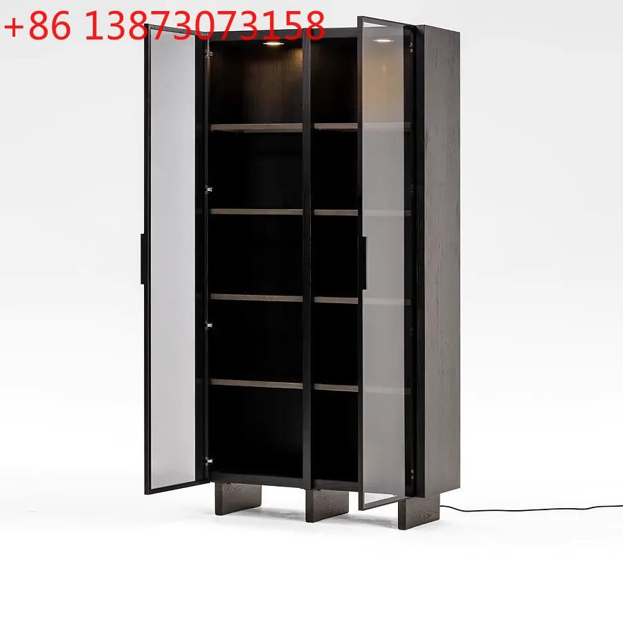 French retro wabi sabi oak glass display cabinet side locker display cabinet