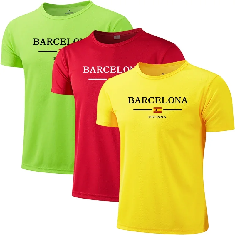 Camisas de entrenamiento 3 en 1 para hombres, camiseta atlética para correr, gimnasio, secado rápido, manga corta, rendimiento, absorbe la humedad, estampado de Barcelona