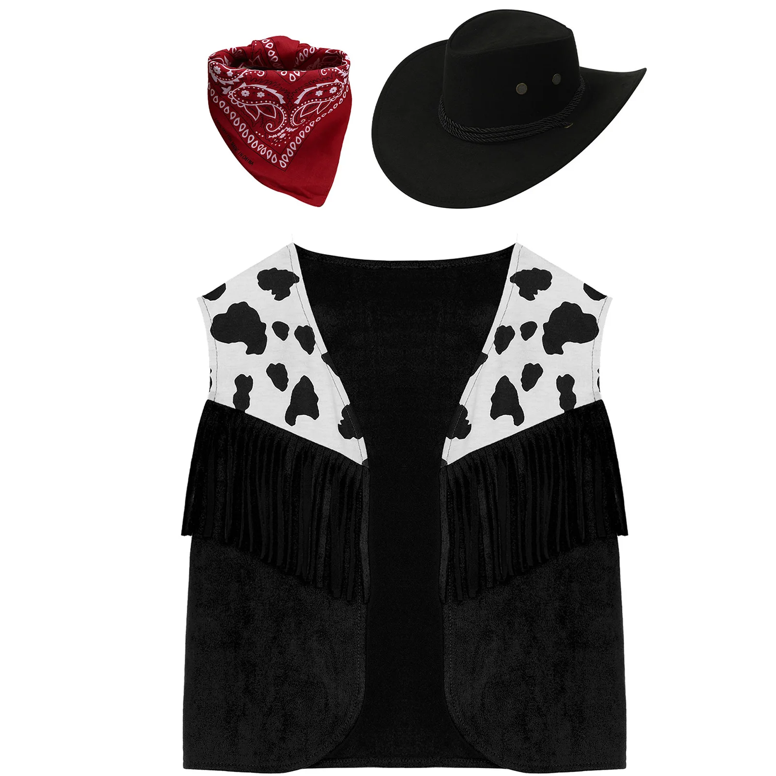 Kind westlichen Cowboy Cowgirl Cosplay Kostüm Vintage Kuh Print Fransen Weste mit Hut Kopftuch Halloween Karneval Party verkleiden