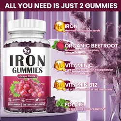 Iron Supplements for Women and Men, Containing Vitamin C,b12, Folate Hematopoietic Agents, and Iron Deficiency Energy 60 Gummies