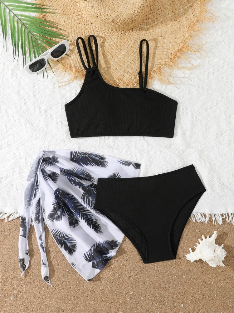 

Bikini Girls Kids Swimsuit 2025 New Black Sling Bikinis Set Children Swimwear Summer Mesh Three Piece Beach Wear Bathing Suits