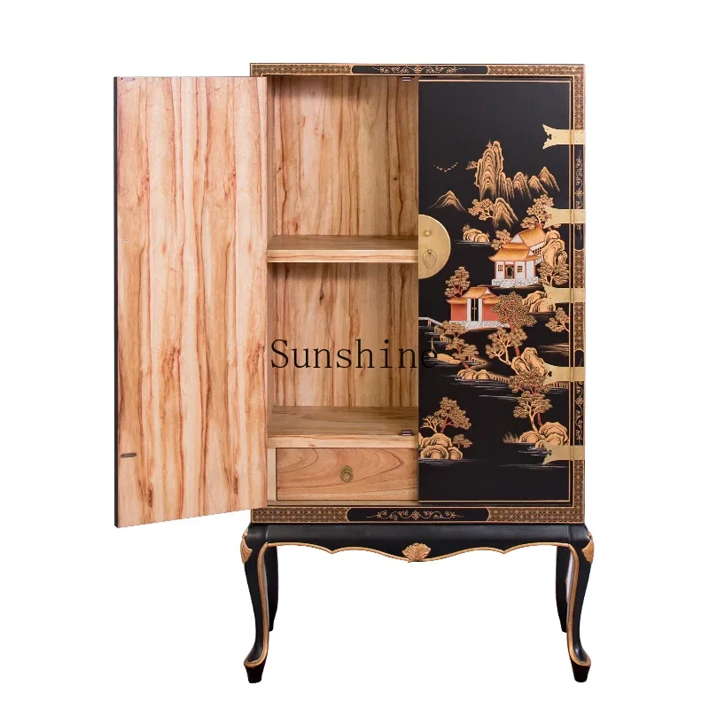 

New Chinese painted furniture solid wood bookcase Ming and Qing classical pavilions landscape double door cabinet