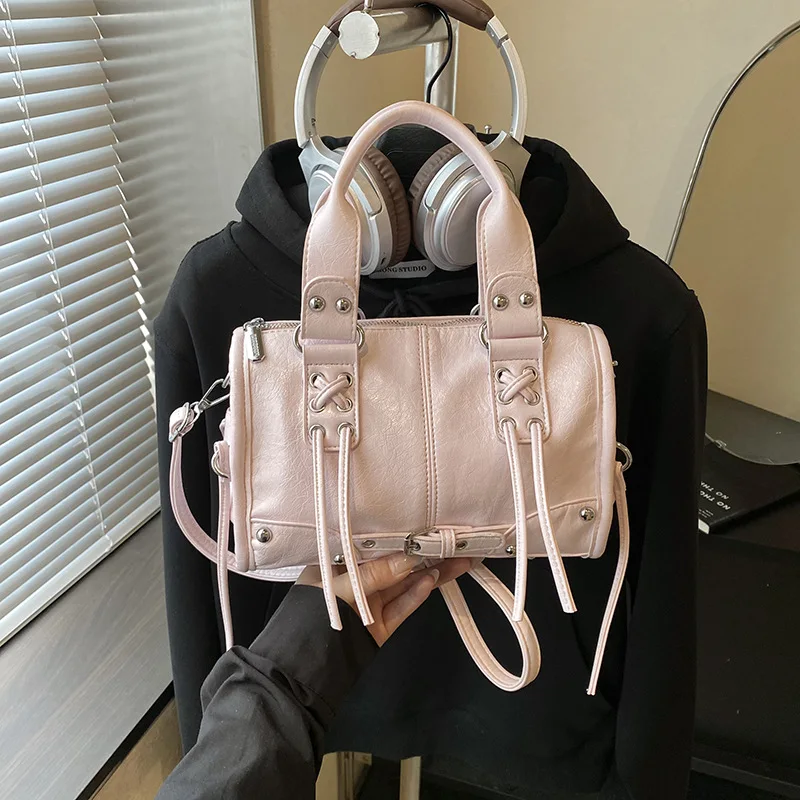 Women New Korean Style Chic Drawstring Moto Large Capacity Pillow Boston Shoulder Crossbody Bag Commuter Daily