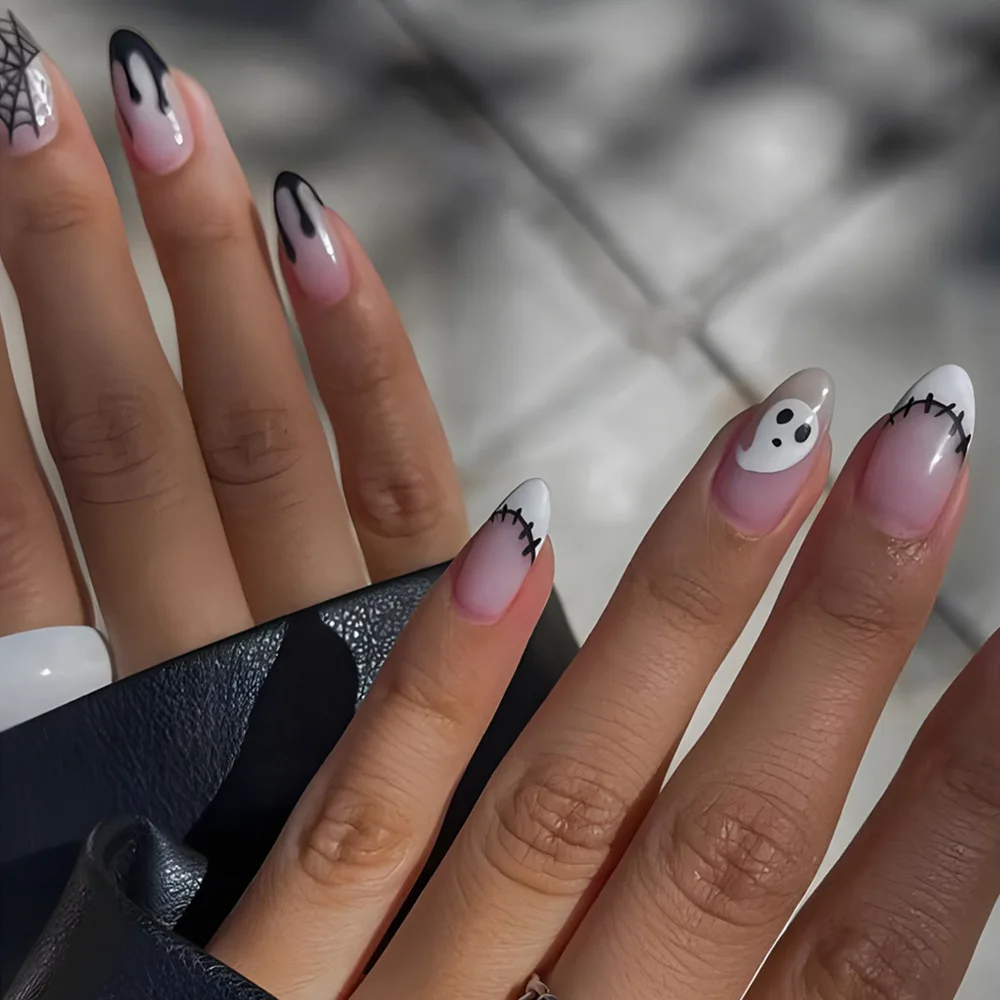 24 pz Nero Lungo Mandorla Presse sulle Unghie Set Fantasma Zucca Modelli Stiletto Unghie Finte Art Halloween Indossabile Unghie Finte Consigli