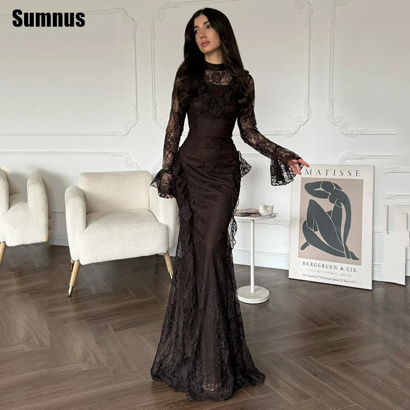

Sumnus Elegant Mermaid Evening Dresses Brown Full Sleeves Lace High Neck Floor Length Formal Dresses Gala Customized