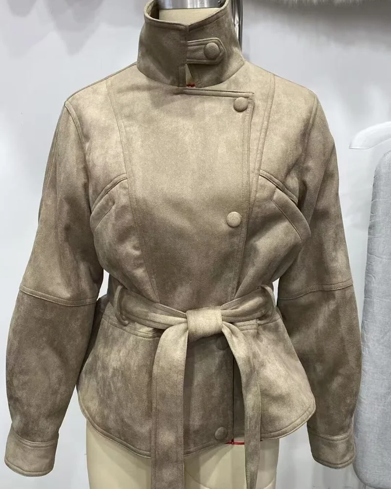 Women's jacket 2026 new fashion lace-up waist faux suede short fitted jacket five colours with stand-up collar and long sleev