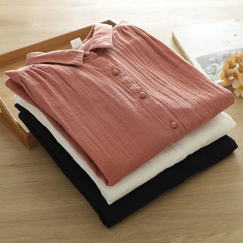 Double Layers Cotton Yarn White Pink Navy Blue Base Shirts Blouses for Women Autumn Lapel Long Sleeve Shirt Mori Girl Shirts