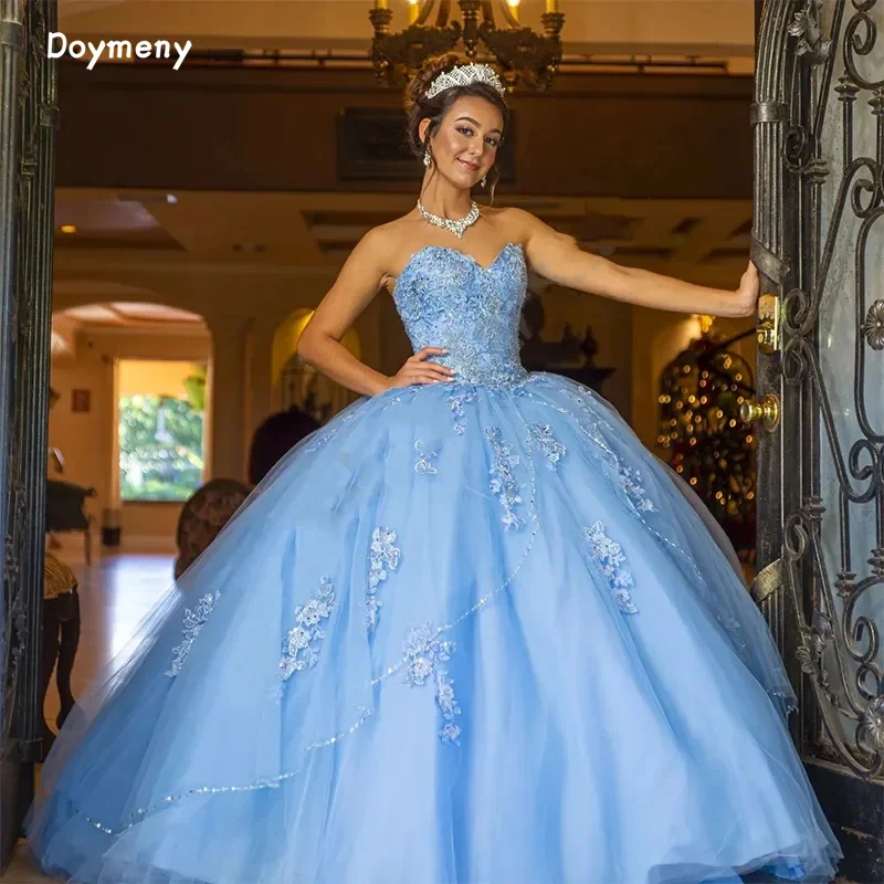 Doymeny aplikacje koraliki Quinceanera sukienki Sweetheart tiulowe suknie balowe do podłogi dla 15 dziewczynek balowa suknia vestidos de fiesta