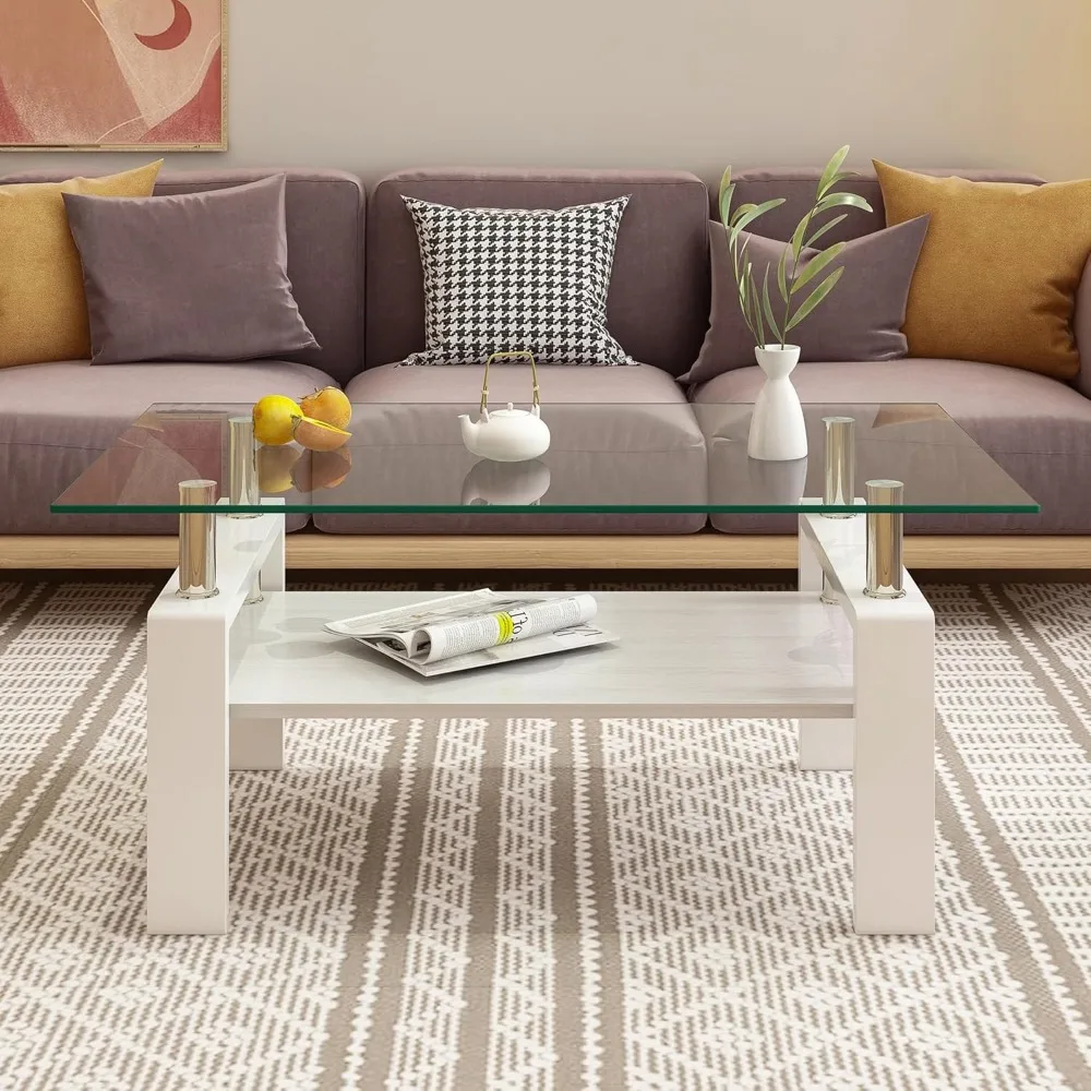 White Contemporary Glass Coffee and End Table Set, 3-Piece Living Room Furniture with Wooden MDF Layer, 39 Rectangular Clear Gla