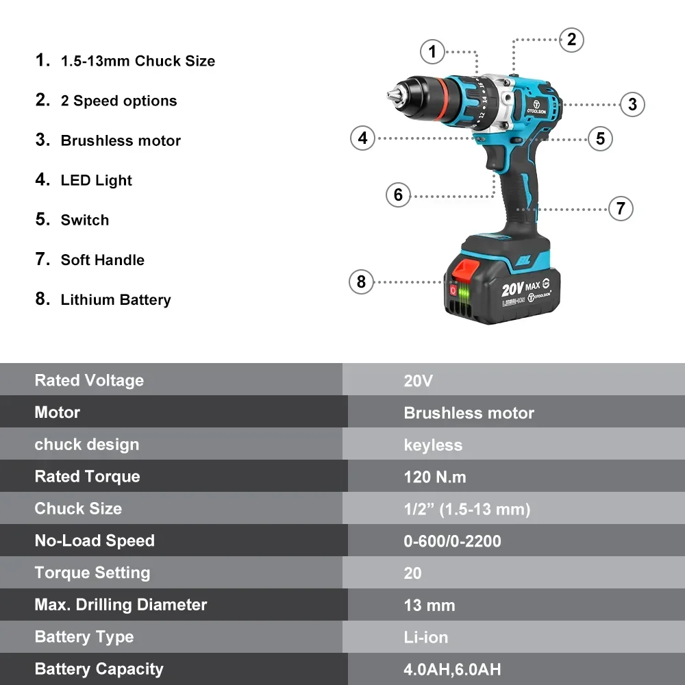 20V Brushless Drill 13mm Cordless Screwdriver 120Nm Impact Hammer Drill Battery 3 Functional Steel/Wood/Masonry Power Tool