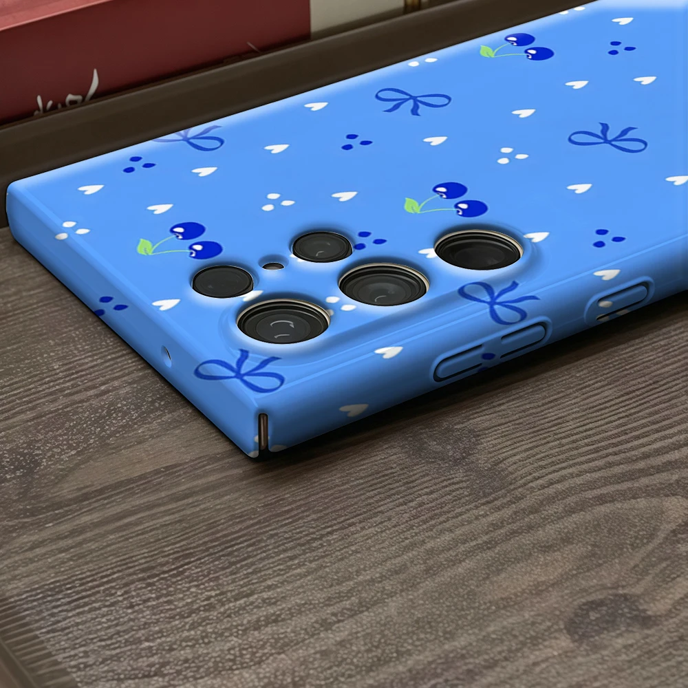 حافظة هاتف كرزية زرقاء لهاتف سامسونج جالاكسي S25 Ultra S24 S23 Ultra Plus غطاء خلفي لامع بطبقة مزدوجة