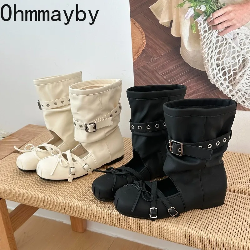 Sweet Cool Hollow Out Sandals Boots Women's Bow Multi Metal Buckle Strap Internal Elevation Shoes Concise Autumn Short Boots