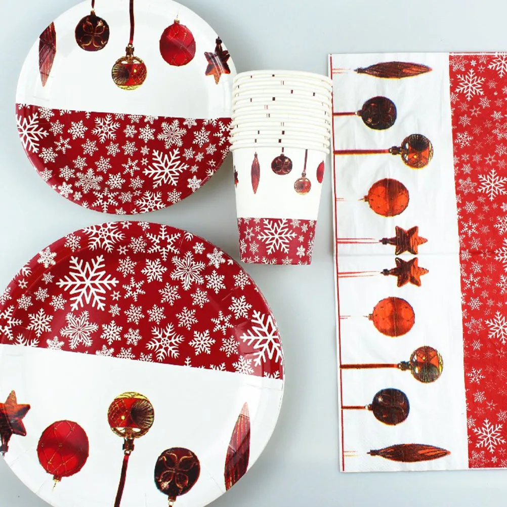 

20pcs Paper Plates Food Grade Christmas Snowflake Print Red Round Disposable Tableware Dessert Trays for Holiday Party Xmas