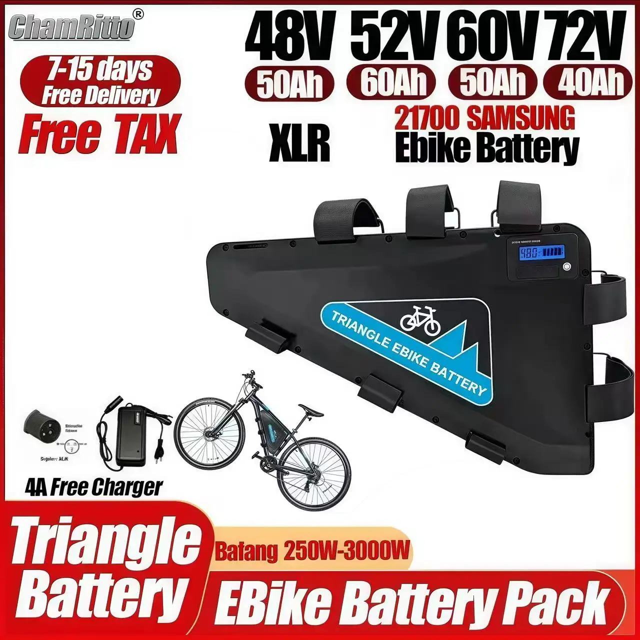 

60v72v 3000w Triangle Electric Bicycle battery 36v 48v 52v ebike 30ah 40ah 50ah 60ah chamrider 1000w 2000w 21700 lithium battery