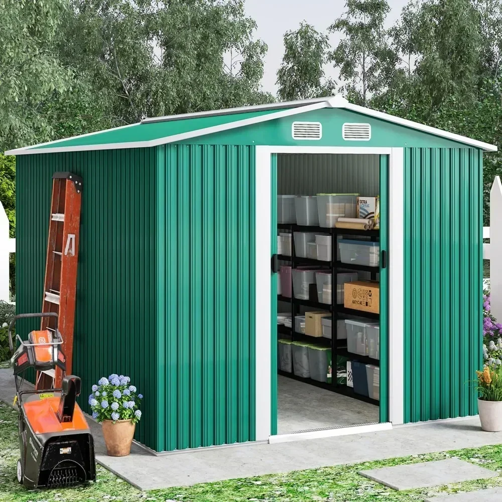 

7x4 FT Outdoor Storage Shed, Garden Tool House with Foundation Kit, 4 Vents and 2 Easy Sliding Doors for Backyard, Garage, Green