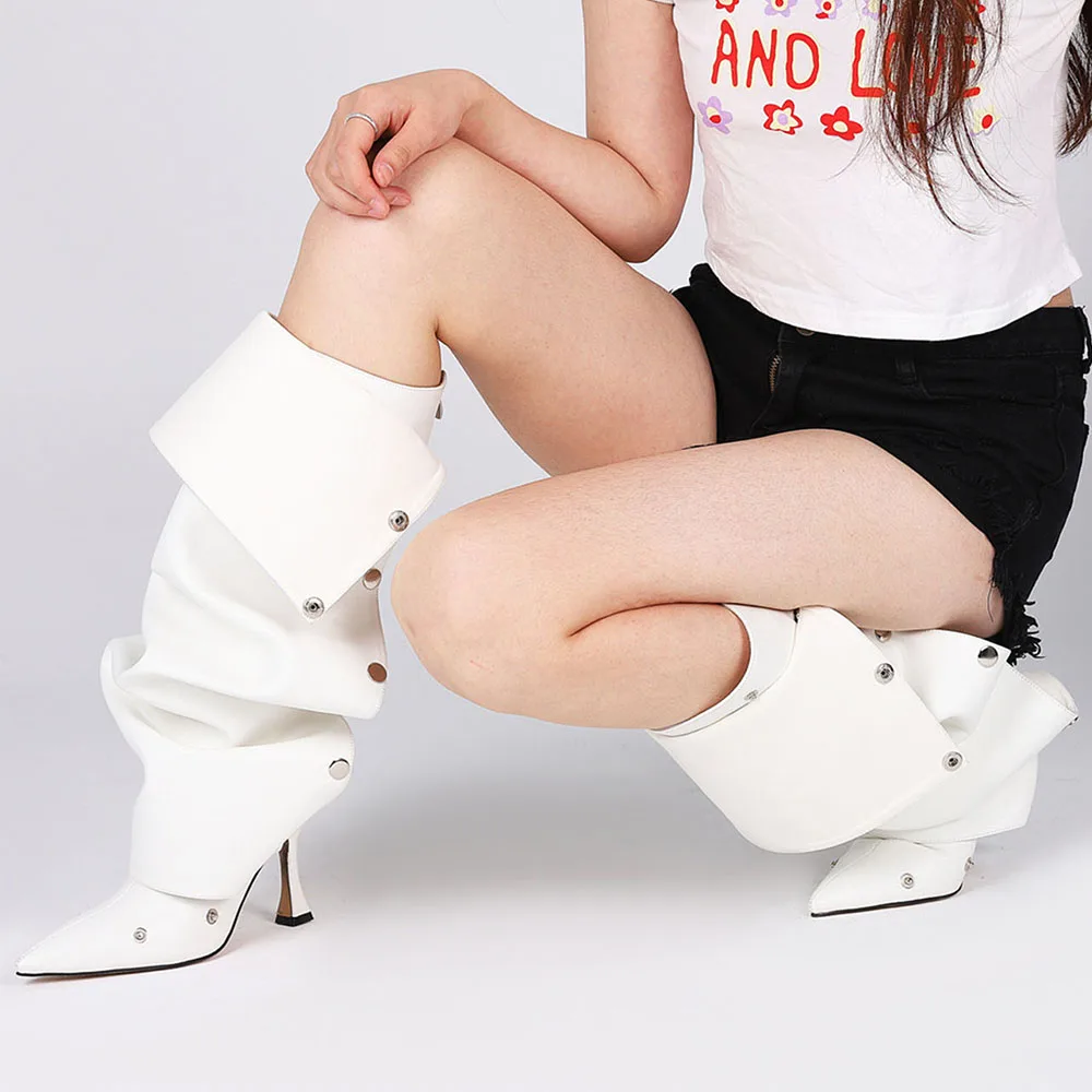 أحذية طويلة بكعب عالٍ مدببة من دوراتاسيا للنساء ، أحذية عالية قابلة للطي فوق الركبة ، أحذية برشام بسحاب ، أزياء