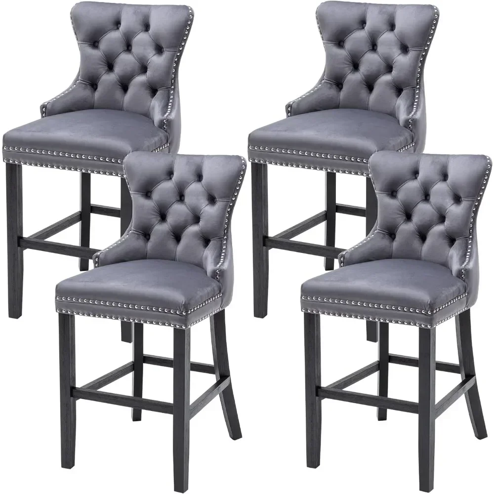 Velvet 26 Inch Bar Stools Set of 4, Seat Height Counter Height Barstools Button Tufted Backrest, Rivet Trim Bar Chairs