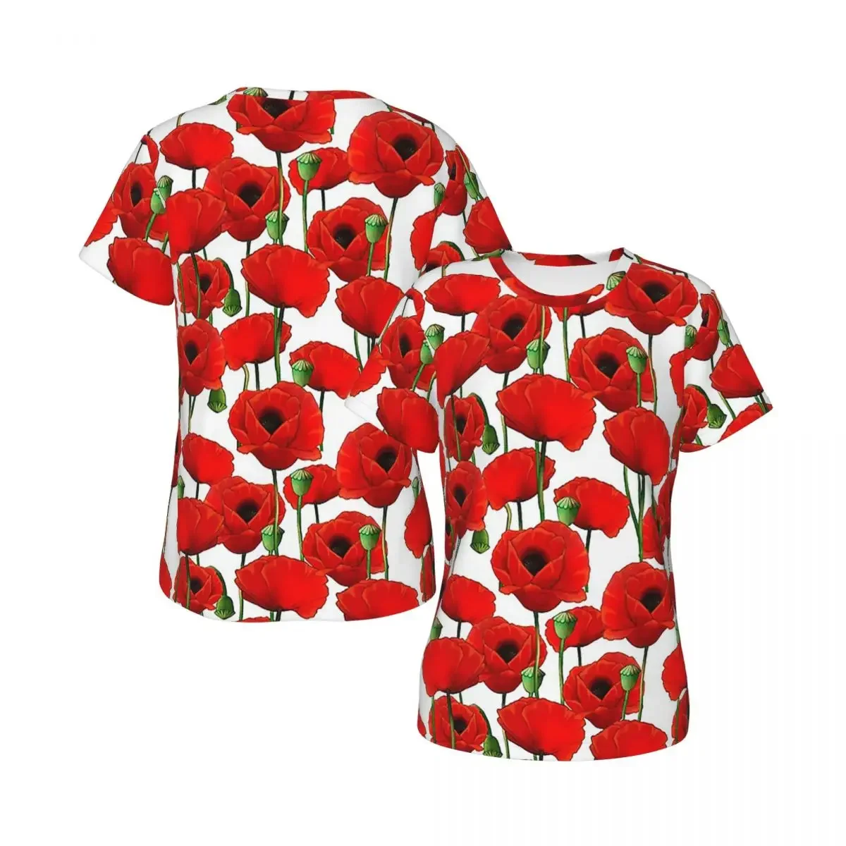 Poppy Pattern T-Shirt for Women Crew Neck Streetwear T Shirts Women's Tees Short Summer Clothes Tops