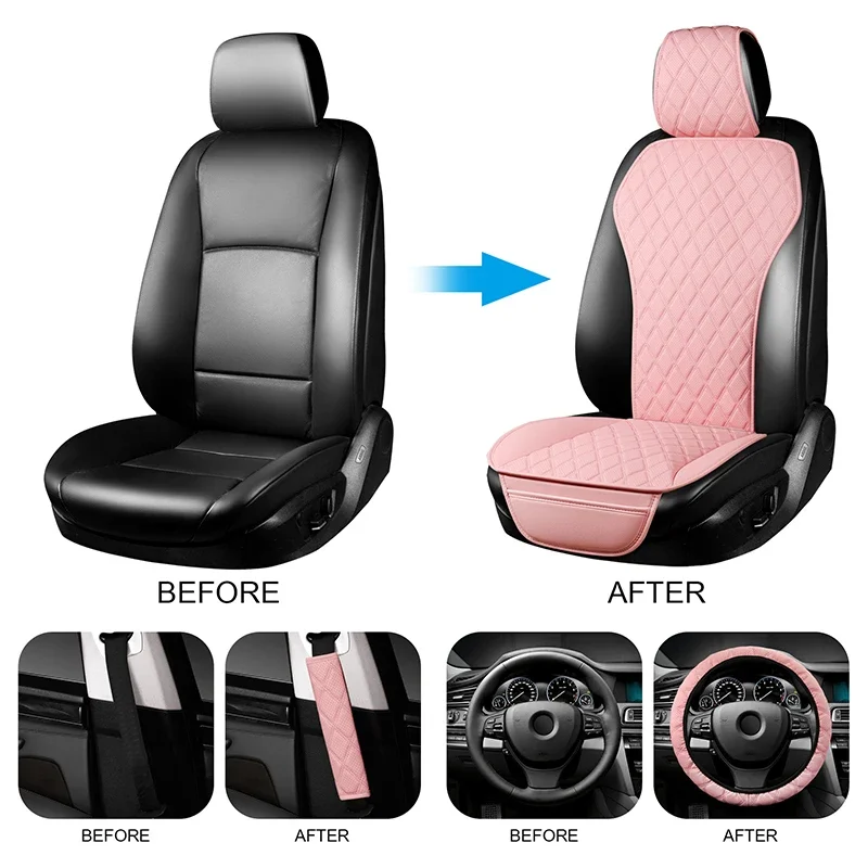 3pcs Set PU Leather Car Seat Cover Universal Anti-slip Seat Cushion Auto Interior Protector Steering Wheel Shoulder Pad Cover