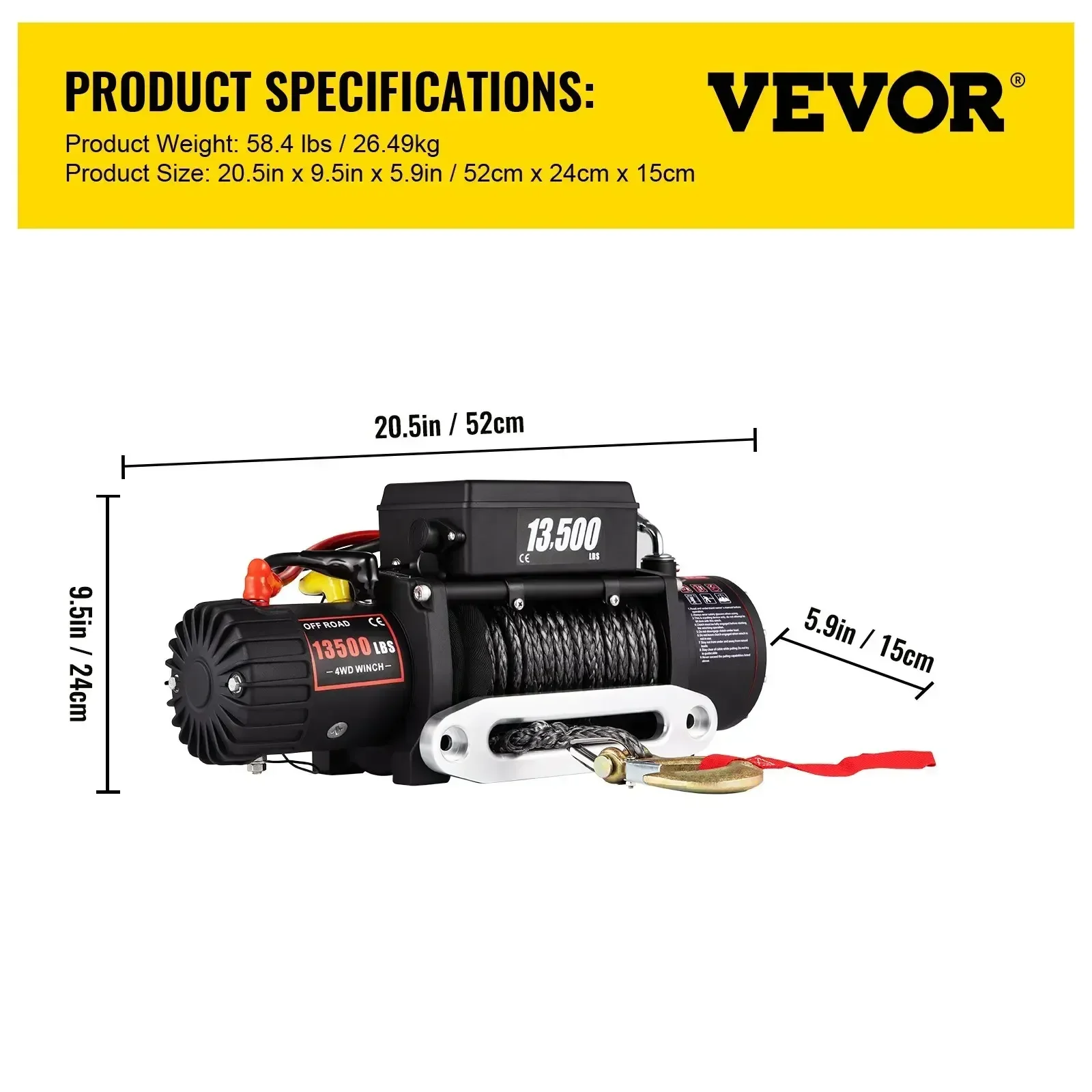 VEVOR 13500 LBS 12 V Elektrische Lier Synthetische Sleepkabel Lier 24 M/92FT Hijstakel voor 4X4 Auto Trailer ATV Truck Off Road Boot