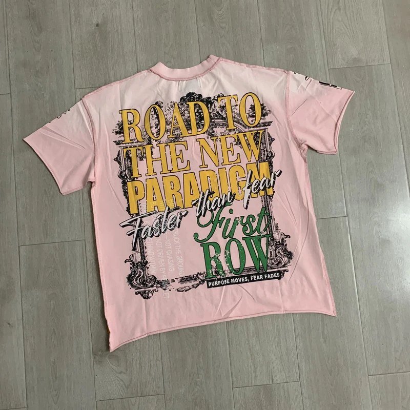 Late Night Ghost Car Retro Washed Fading Letter Logo FIRST ROW Tshirt Rhinestone Letter Pink Trimmed Edge Short Sleeve Men Women