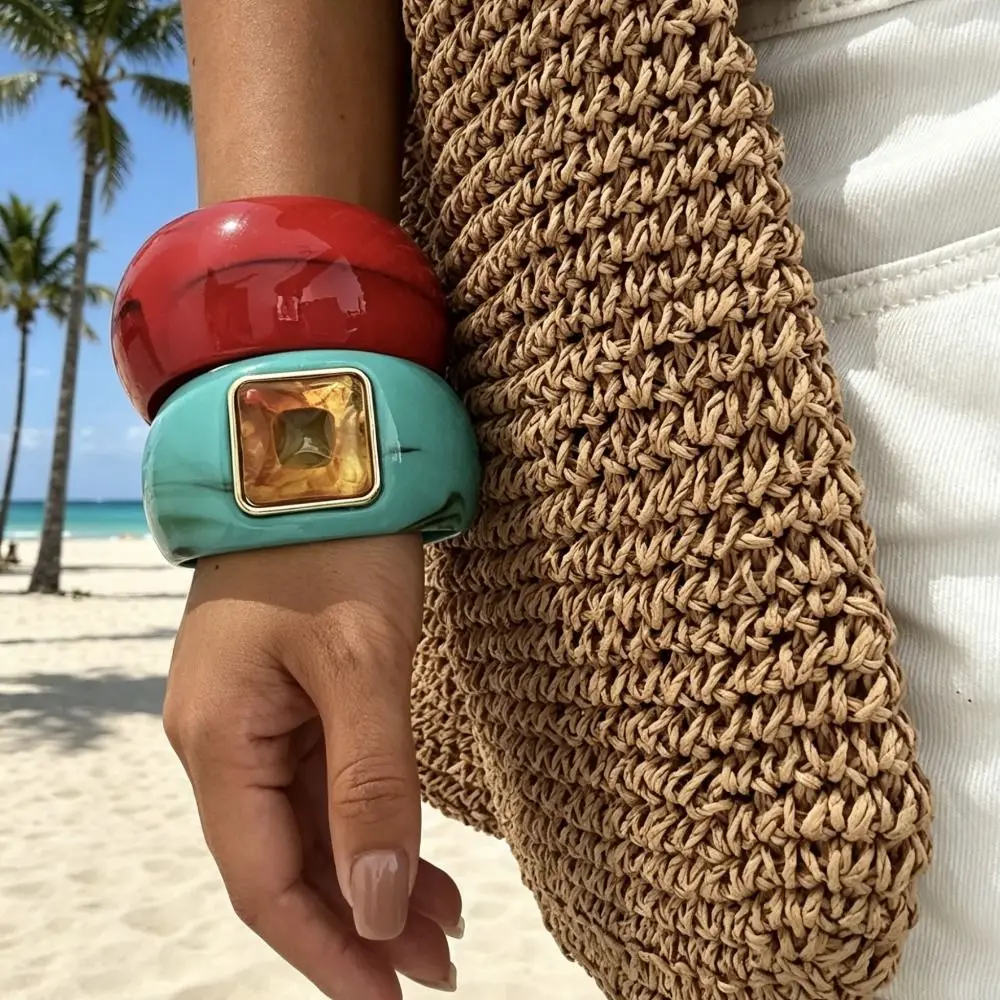 Bohemian Acrylic Bangle Smudging Europe American Style Irregular Wide Bracelet Geometric Minority Design Retro Hand Ring Gift