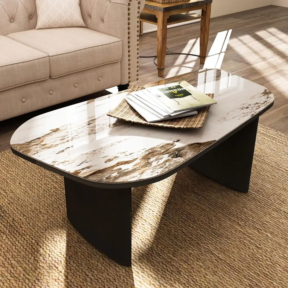 Luxury Marble Coffee Table, Premium Sintered Stone Top, Natural Wood Base, Modern Design Stone Cocktail Table, Marble Top Coffee